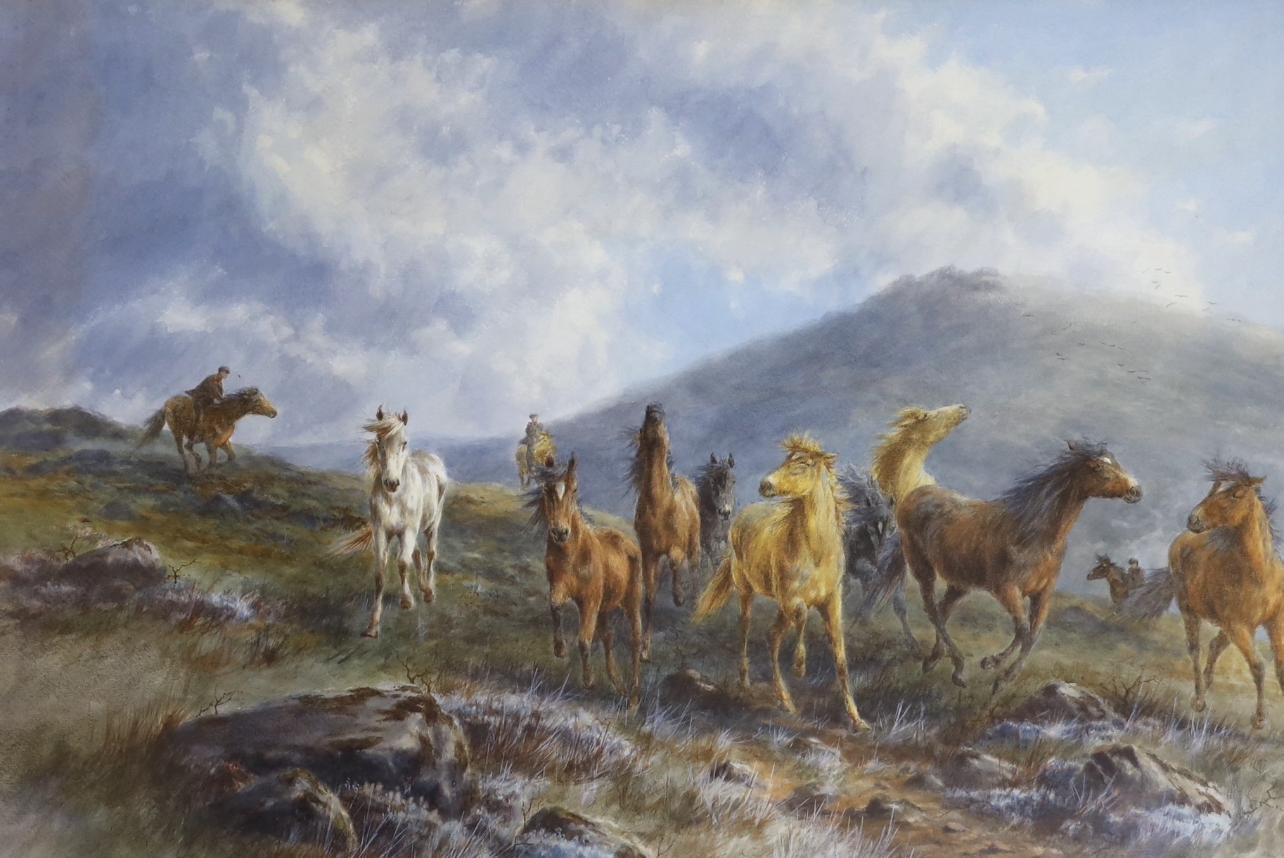 C.J. Passmore [Tom Rowden] (1842-1926), watercolour, Riders herding wild ponies on the moors, signed, 47 x 70cm